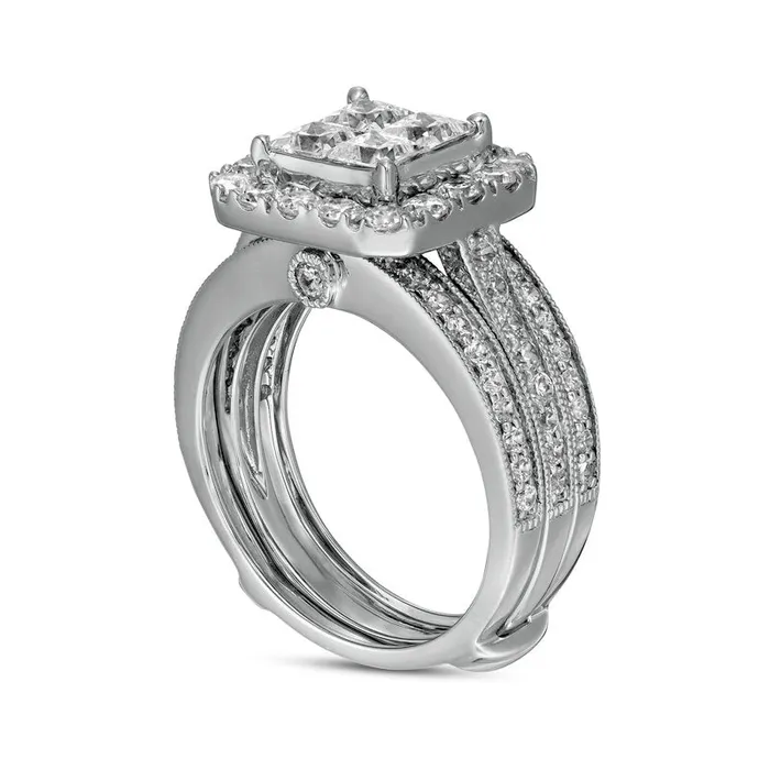 25 CT TW PrincessCut Quad Natural Diamond Frame Antique VintageStyle Bridal Engagement Ring Set in Solid 14K White Gold Goldia Rings 25 CT TW PrincessCut Quad Natural Diamond Frame Antique VintageStyle Bridal Engagement Ring Set in Solid 14K White Gold Goldia Rings