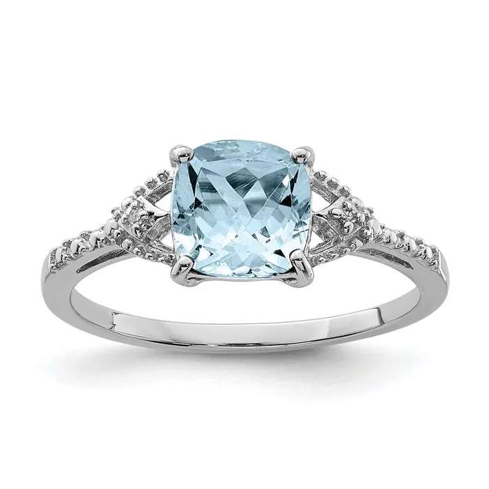 Rings Sterling Silver Rhodium Plated Diamond and Aquamarine Ring Goldia