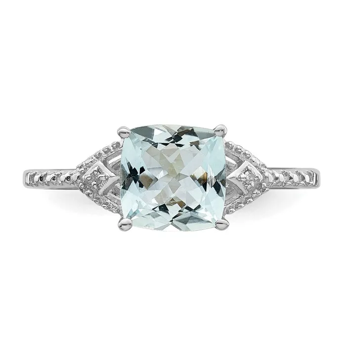 Rings Sterling Silver Rhodium Plated Diamond and Aquamarine Ring Goldia