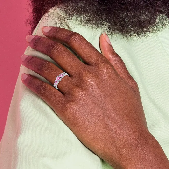 Solid 14k White Gold Created PinK Simulated Sapphire and CZ Ring Goldia Rings