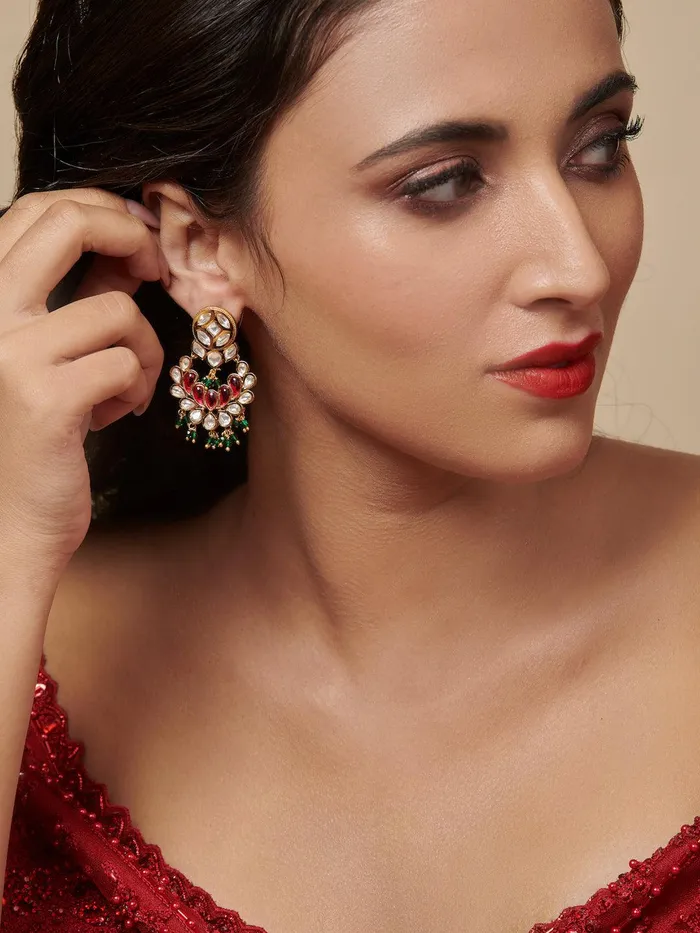 The Bridal Edit Red And Green Kundan Mini Chandbali Earrings Curio Cottage Earrings The Bridal Edit Red And Green Kundan Mini Chandbali Earrings Curio Cottage Earrings