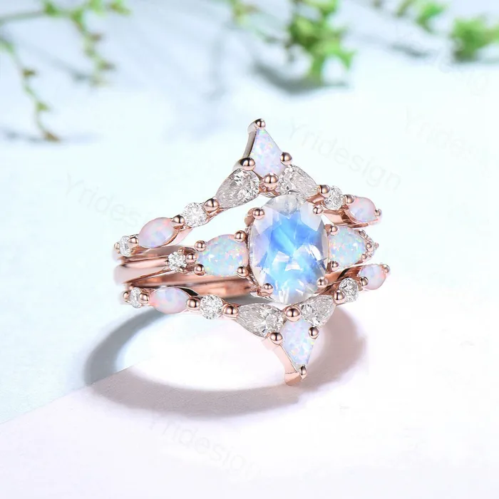PENFINE Rings 15CT Oval Moonstone Engagement Ring Set Vintage Pear Opal Moissanite Wedding Ring Set Women Double Curved Stacking Pear Band Bridal Set PENFINE Rings 15CT Oval Moonstone Engagement Ring Set Vintage Pear Opal Moissanite Wedding Ring Set Women Double Curved Stacking Pear Band Bridal Set