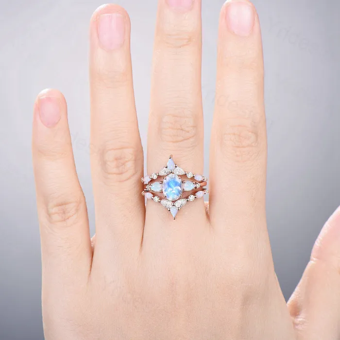 PENFINE Rings 15CT Oval Moonstone Engagement Ring Set Vintage Pear Opal Moissanite Wedding Ring Set Women Double Curved Stacking Pear Band Bridal Set PENFINE Rings 15CT Oval Moonstone Engagement Ring Set Vintage Pear Opal Moissanite Wedding Ring Set Women Double Curved Stacking Pear Band Bridal Set