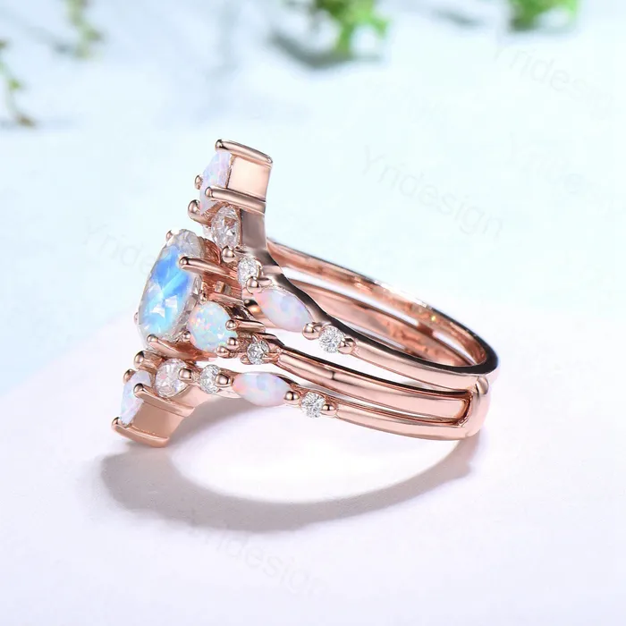 PENFINE Rings 15CT Oval Moonstone Engagement Ring Set Vintage Pear Opal Moissanite Wedding Ring Set Women Double Curved Stacking Pear Band Bridal Set PENFINE Rings 15CT Oval Moonstone Engagement Ring Set Vintage Pear Opal Moissanite Wedding Ring Set Women Double Curved Stacking Pear Band Bridal Set