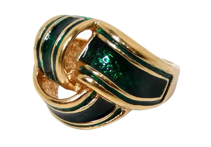 Rings Vintage by Misty 1990s 18k Gold Plated Green Enamel Striped Ribbon Style Cocktail Ring Rings Vintage by Misty 1990s 18k Gold Plated Green Enamel Striped Ribbon Style Cocktail Ring