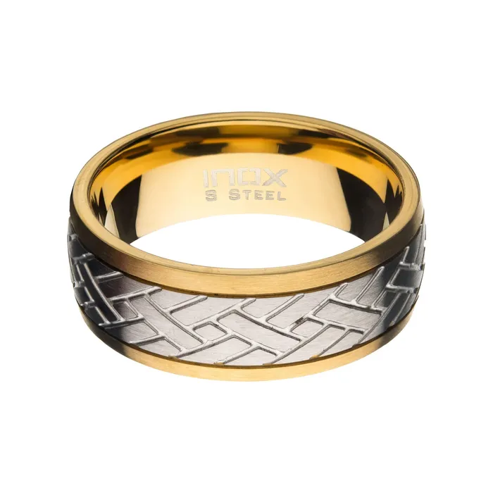 INOX JEWELRY Rings Golden and Silver Tone Stainless Steel Weave Pattern Inlaid Band Ring