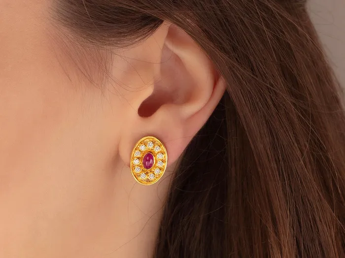 GG GOLD OOAK Earrings GURHAN Muse Gold Ruby Stud Earrings 16x12mm Medallion