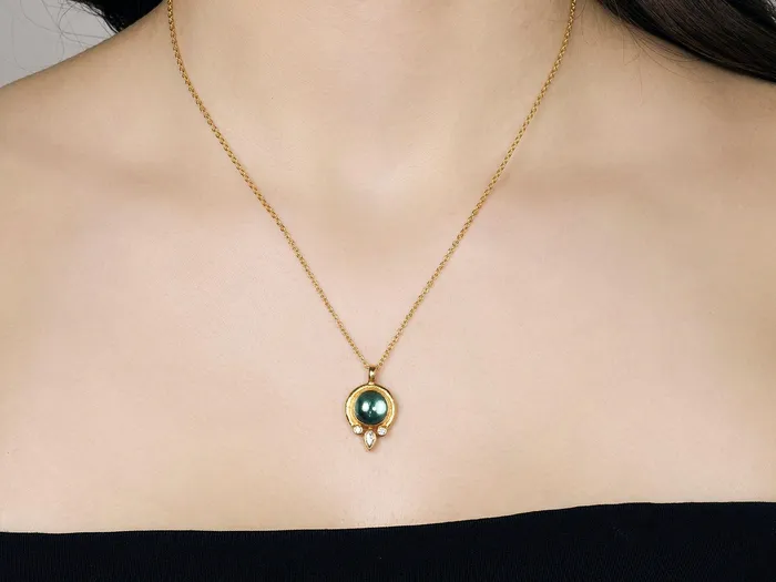 GURHAN Muse Gold Tourmaline Pendant Necklace 10mm Round set in Wide Frame GG GOLD OOAK Necklaces GURHAN Muse Gold Tourmaline Pendant Necklace 10mm Round set in Wide Frame GG GOLD OOAK Necklaces