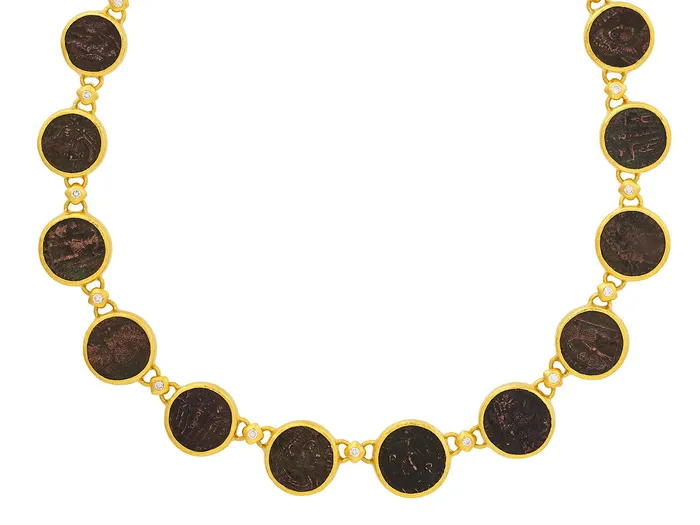 Necklaces GG GOLD OOAK GURHAN Antiquities Gold Coin All Around Short Necklace Square Links with Diamond Accents Necklaces GG GOLD OOAK GURHAN Antiquities Gold Coin All Around Short Necklace Square Links with Diamond Accents