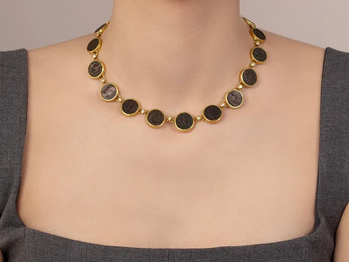 Necklaces GG GOLD OOAK GURHAN Antiquities Gold Coin All Around Short Necklace Square Links with Diamond Accents Necklaces GG GOLD OOAK GURHAN Antiquities Gold Coin All Around Short Necklace Square Links with Diamond Accents