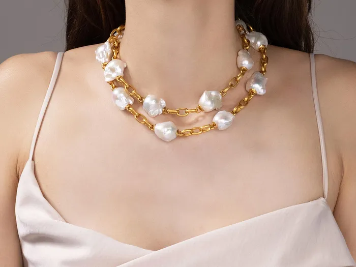 Necklaces GG GOLD OOAK GURHAN Oyster Gold Pearl Link Long Necklace Chunky Stations with Oval Chain Necklaces GG GOLD OOAK GURHAN Oyster Gold Pearl Link Long Necklace Chunky Stations with Oval Chain