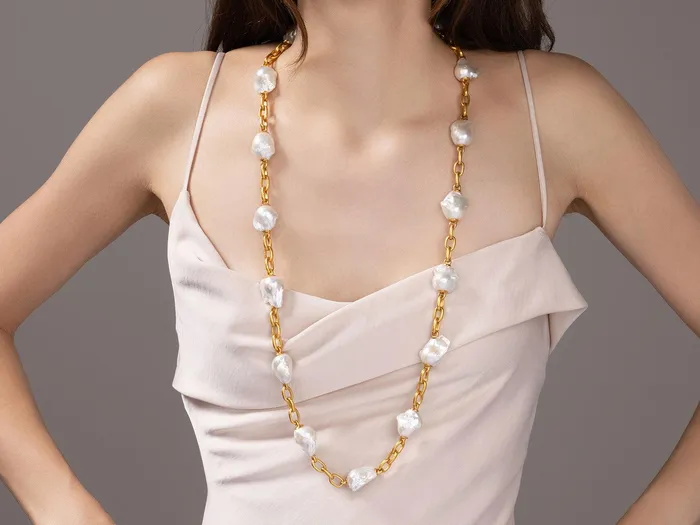 Necklaces GG GOLD OOAK GURHAN Oyster Gold Pearl Link Long Necklace Chunky Stations with Oval Chain Necklaces GG GOLD OOAK GURHAN Oyster Gold Pearl Link Long Necklace Chunky Stations with Oval Chain